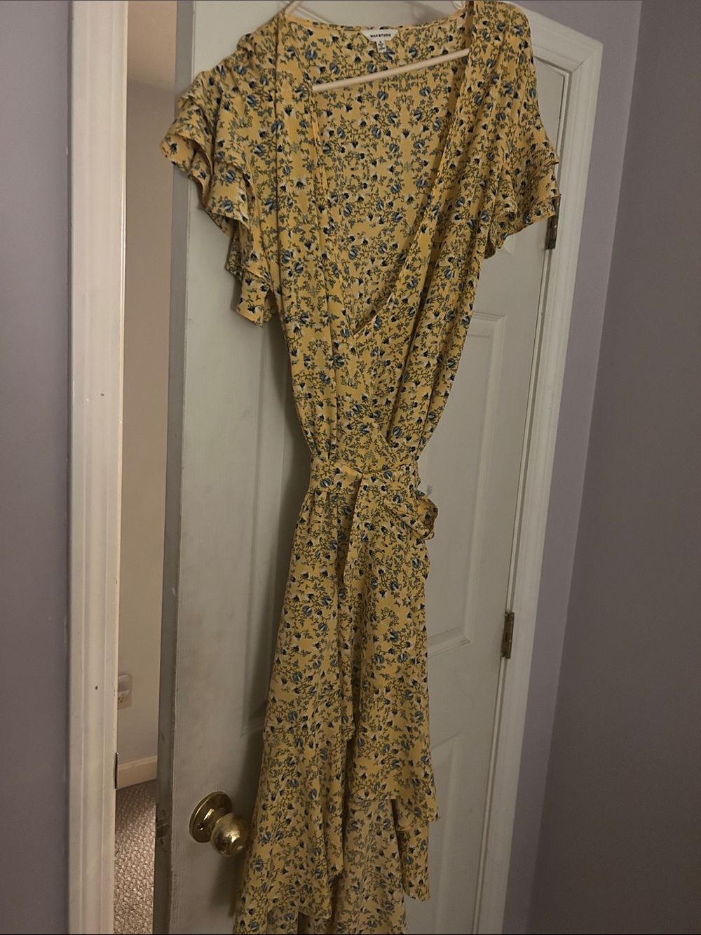 Yellow Floral Wrap Dress with Ruffle Hem size Small (could fit M) NWOT
